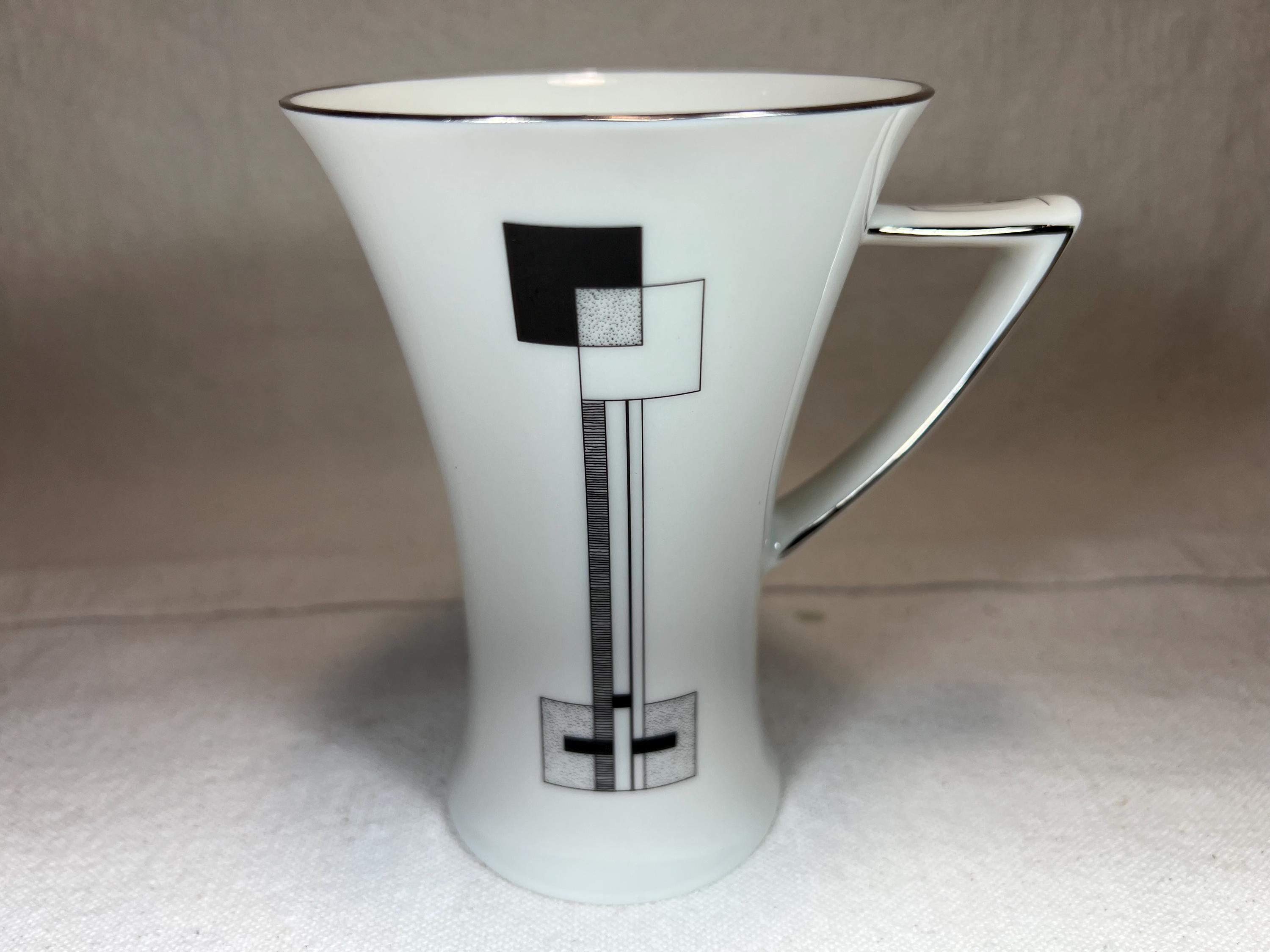 hi5 Porcelain Tapered Coffee Mug Cup Bauhaus Cubist Black White Platinum Rim | Abstract Art Deco Geometric Design | Made in England