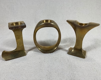 Set of 3 Vintage Solid Brass "JOY" Taper Candlestick Holders Holiday Christmas Décor Made in India by International Silver Co.