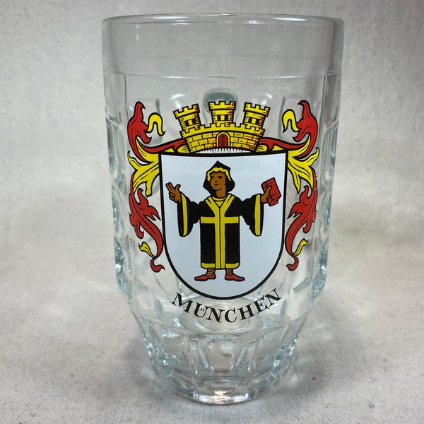 vintage München Munich Heavy Glass Germany Beer Mug Stein Jaune Rouge City Crest Fidenza Vetraria Fabriqué en Italie