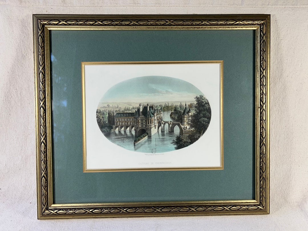 Vintage Framed Lithograph Print of Chateau De Chenonceaux Loire Valley