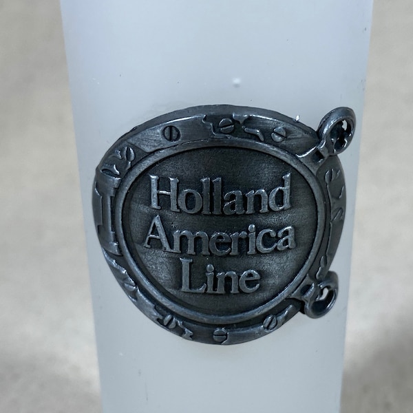 Vintage Holland America Cruise Lines Tall Shot Glass Pewter Ship Porthole Medallion on Frosted Glass