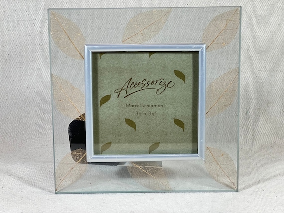 Vintage Marcel Schurman 3x3 Square Glass with Gold Leaves Tabletop Picture Frame Brushed Nickel Surround NWT