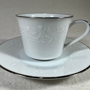 Vintage Noritake Reina Demitasse & Saucer Set | Fine China Espresso Cup Platinum Band White Floral Pattern 6450 Replacement Japan