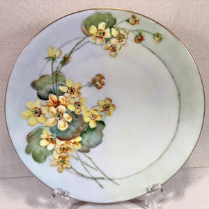 Vintage deutsche handbemalte dekorative Porzellanteller mit gelben Blumen und grünem Rand Goldrand | 21 cm Bayern