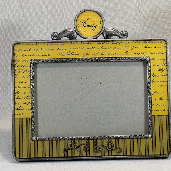 Vintage Yellow Enamel & Pewter “Family” 5x7 Tabletop Picture Frame Letter Cursive Script Scroll Faux Pearl Corners Thompson