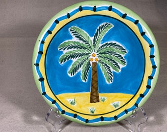 Vintage Hand-Painted Hausenware Palm Tree Plate 8” | Tropical Green Yellow Blue