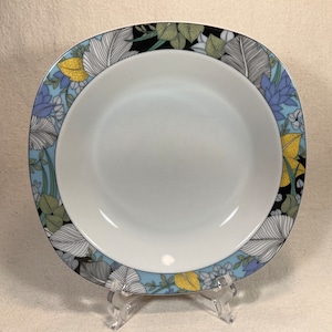 Vintage Mitterteich Bavaria Form 2330 “Topsi” Porcelain Rim Soup Bowl Rounded Square Tropical Leaves Blue Black Yellow Mid-Century Germany