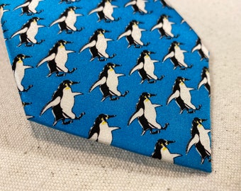 Vintage Little Penguin Necktie Blue Black White Animal Bird Pattern All Silk Hand Made