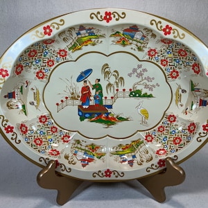 Vintage Daher Decorated Ware Oval Metal Serving Tray Bowl Chinese Design Colorful Scenes Gold Trim Chinoiserie | Made in England