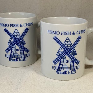 Pair of Pismo Fish & Chips Coffee Mugs California Coast Pismo Beach Clam Capital of The World Blue on White Two-Sided