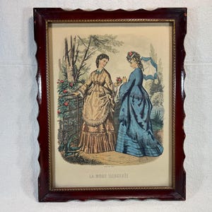 Vintage Framed Engraving Reprint Color Lithograph French Fashion Magazine La Mode Illustrée Paris France Women Fashion Scalloped Wood Frame
