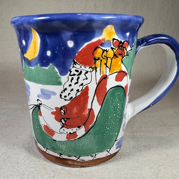 Rare Vintage Starbucks Hand-Painted Christmas Coffee Mug Santa and Reindeer Holiday Cup Signed and Made in Hungary