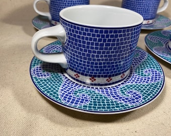 Dansk Mosaic Wave Cup and Saucer Portugal Blue Green White