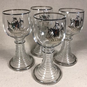 Vintage Römer Rhine Wine Cordial Glasses w Platinum Silver Trim & Galleon Sailing Ship Design | Maritime Retro Bar