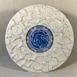 Anthropologie Round Embossed Dogs Tabletop Picture Frame by Dorian of Wye | White on White | 10” Diameter | Holds 4x4 Photo