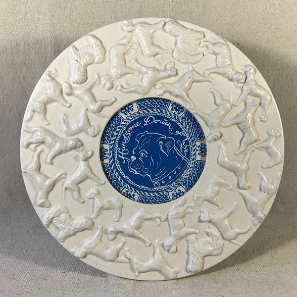 Anthropologie Round Embossed Dogs Tabletop Picture Frame by Dorian of Wye | White on White | 10” Diameter | Holds 4x4 Photo