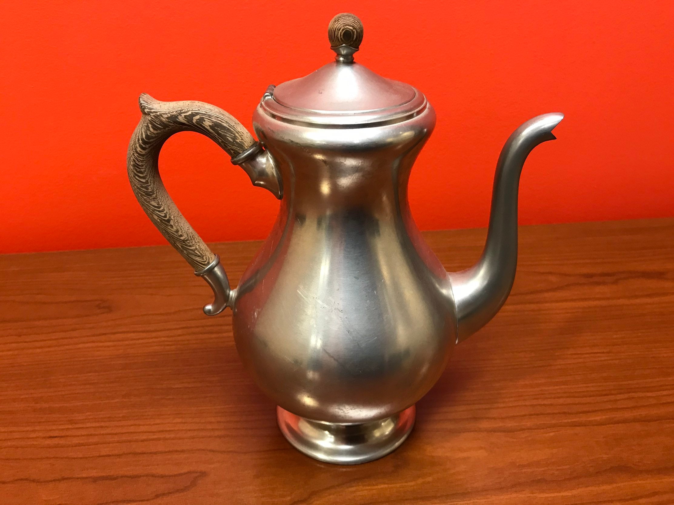 Vintage Royal Holland Lidded Pewter Pitcher with Beautiful Unique Wood Handle | Mid Century Dutch Netherlands | Stamped with Crown KMD TIEL