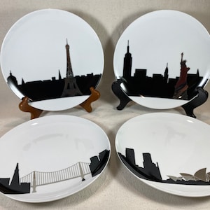 Set of 4 BIA Cordon Bleu Porcelain City Plates New York Paris Sydney San Francisco Black and Platinum White 8” NIB Original Box Discontinued