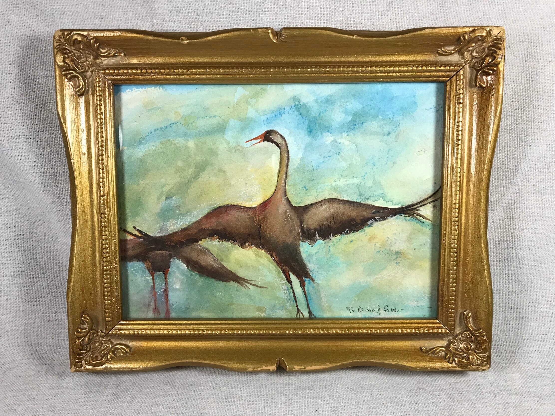 Vintage Framed Watercolor Bird Birds Ornate Gilt Frame w Etsy