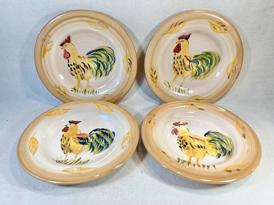 SET of 4 Tabletops Unlimited Boulevard Handpainted 8 3/8 Rooster Salad Luncheon Plates Chicken