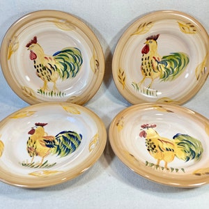 SET of 4 Tabletops Unlimited Boulevard Hand-Painted 8 3/8” Rooster Salad Luncheon Plates | Chicken Farmhouse Décor