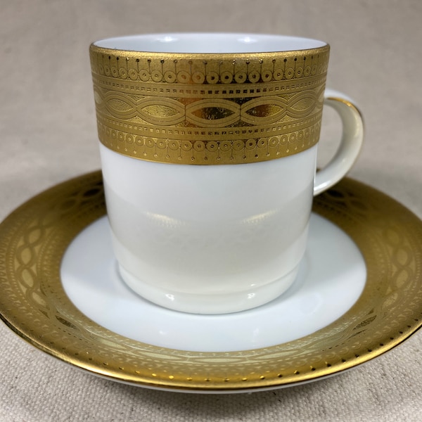 Vintage Tirschenreuth Bavaria Porcelain Gold Encrusted Demitasse Espresso Cup & Saucer Mid-Century Pattern w 22K Gold Band MCM Germany SMCS