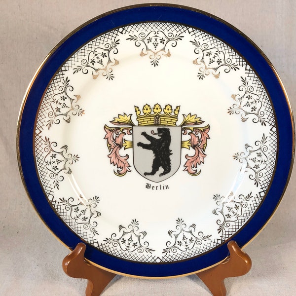 Vintage Schedel Bavaria Berlin Souvenir Plate Echt Kobalt Gold Trim German Porcelain Cobalt Blue Germany Crest