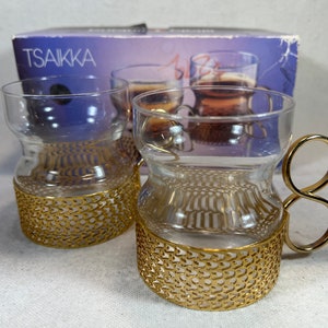 Pair of Iittala Finland Tsaikka Tea Espresso Glasses with 24K Gold | Timo Sarpaneva 1957 Midcentury Modern MCM Design Made in Finland NIB