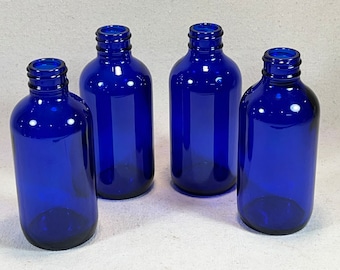 Set of Four (4) Cobalt Blue 4-Ounce Glass Medicine Bottle 4 1/2&quot;