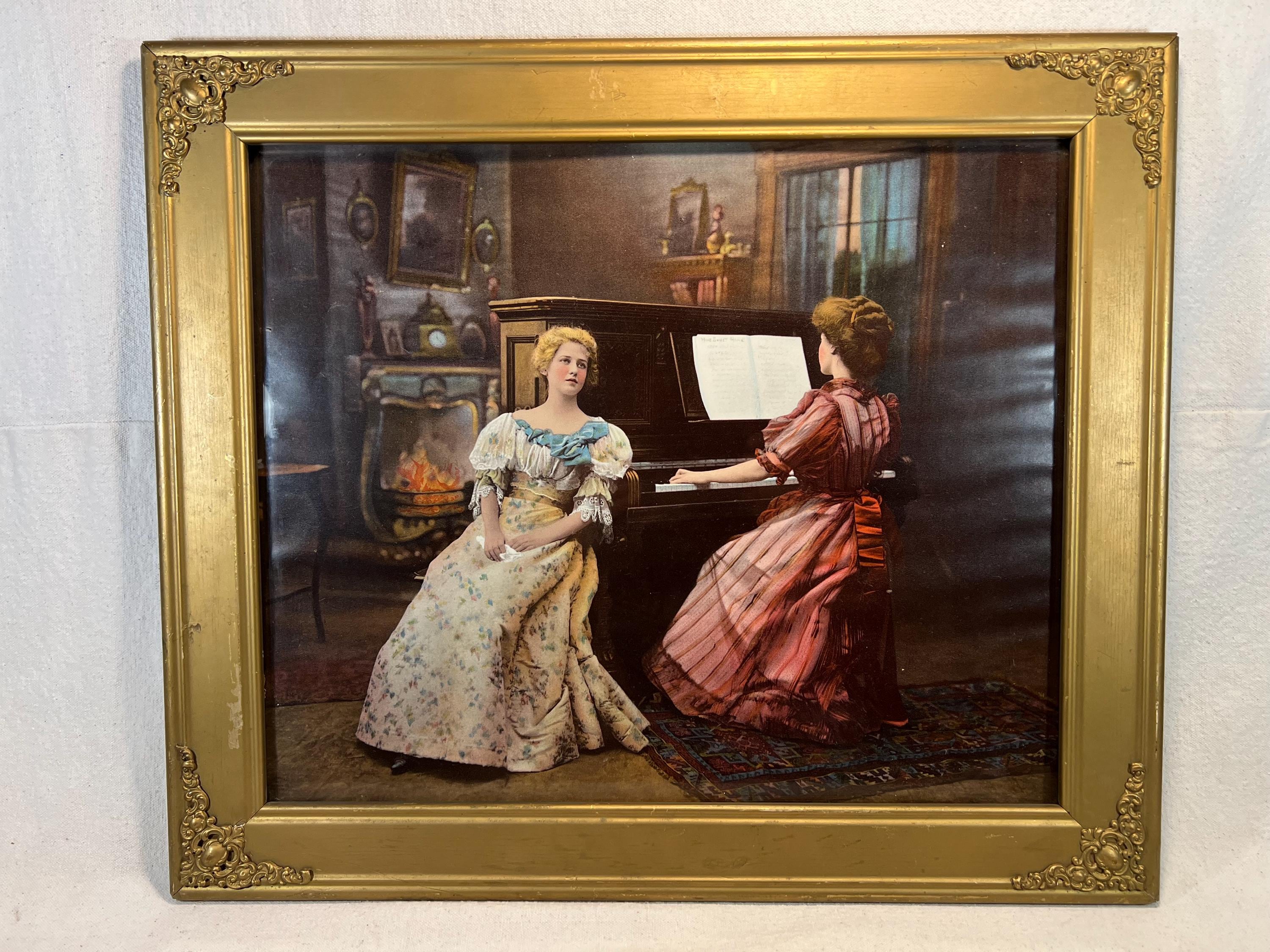 Framed Antique Hand-colored Tinted Photograph of Two Young Women
