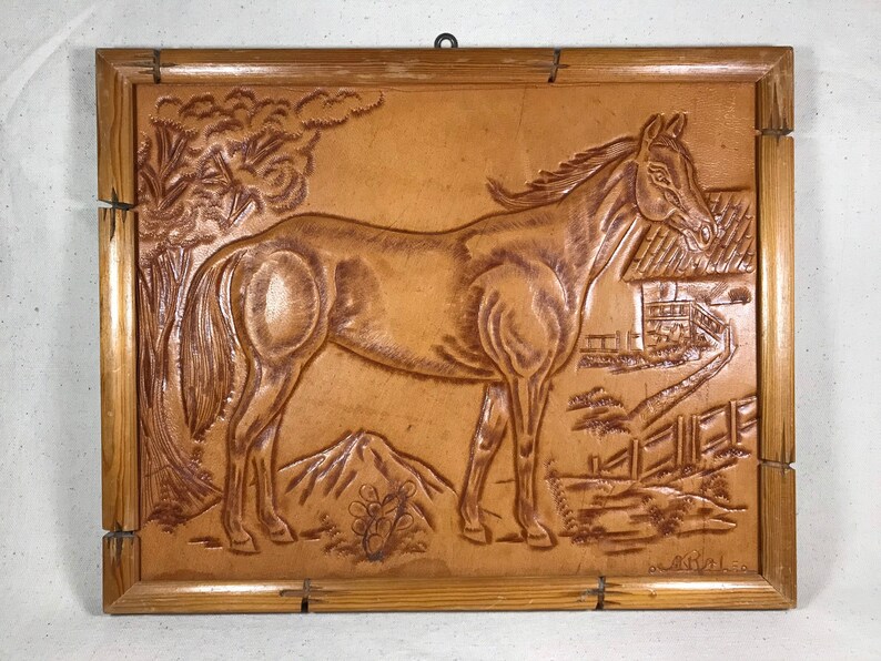 Vintage Hand Tooled Leather Wall Art Framed And Signed By Artist Horse Equestrian Cowboy Western Folk