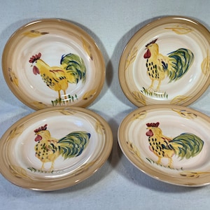 SET of 4 Tabletops Unlimited Boulevard Hand-Painted 8 3/8” Rooster Salad Luncheon Plates | Chicken Farmhouse Décor