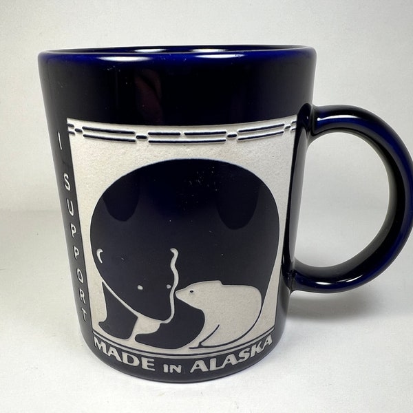 Made in Alaska Polar Bears Coffee Mug | Cobalt Blue with White Etched Illustration