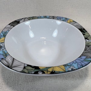 Vintage Mitterteich Bavaria Form 2330 “Topsi” Porcelain Cereal Bowl Rounded Square Tropical Leaves Blue Black Yellow Mid-Century Germany