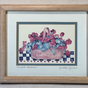 Vintage Framed “Basket Blooms” Floral Art Print by Janette Jones Hand-Signed 1992 Double Matted Oak Frame