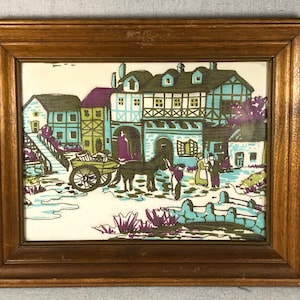 Vintage Tudor Stil Quilt Quadrat gerahmt | Europa Szene Pferd & Cart rustikale Holzrahmen