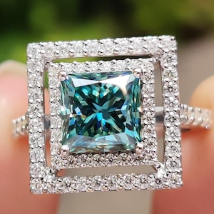 Cyan Blue Princess Moissanite Ring, Split Shank 2.52 TW Princess Moissanite Double Halo Engagement Ring, Ring For Women, Anniversary Gift