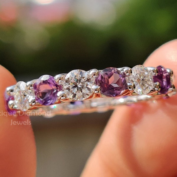 Unique Amethyst Wedding Band, 3.50 MM Round Cut Amethyst and Colorless Moissanite Eternity Band, Vintage Anniversary Band, U Prong Set Band