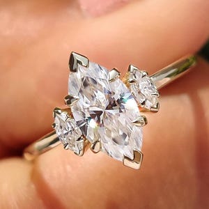 Three Stone Engagement Ring, 1 Carat Marquise Cut Colorless Moissanite Ring, V prong Setting Ring, Wedding Ring for Women, Anniversary Gifts
