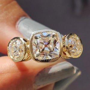 Old European Cut Moissanite Engagement Ring - Cushion and Round Moissanite Three Stone Ring, Milgrain Bezel Setting, Vintage Wedding Ring