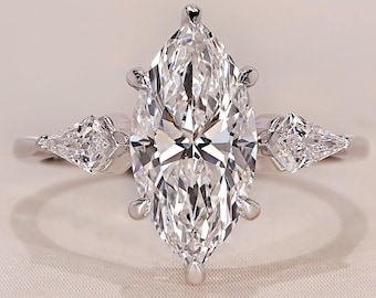 2ct Marquise Three Stone Ring, IGI Certified Lab Grown Diamond Engagement Ring Side Stone Kite Cut Diamonds, Vintage Engagement Ring for Her