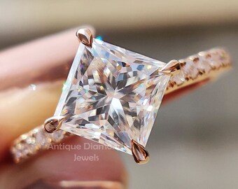 1.86 CT East West Princess Moissanite Engagement Ring, Half Eternity Rose Gold Wedding Ring, Unique Style Ring, Anniversary Gift For Women