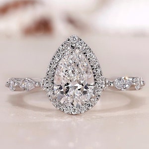 Pear Cut Halo Lab Grown Diamond Engagement Ring: White Gold Vintage Style