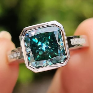 Cushion Cut Blue Green Moissanite Ring, 1.0 - 2.5 CT Cushion Moissanite Ring, Bezel Set, Channel Pave, Engagement Ring, Wedding Ring for Her