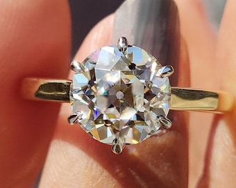 Anillo de compromiso vintage de moissanita de corte europeo antiguo de 3,80 quilates