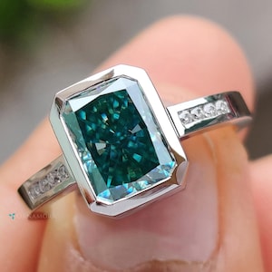 Cyan Blue Moissanite Ring, 2ct Radiant Cut Bezel Set Engagement Ring, Channel Set Pave Ring, Color Moissanite Wedding Ring, Customized Gifts