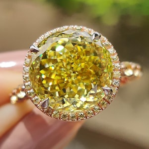 7 CT Canary Yellow Portuguese Cut Moissanite Ring, Halo Engagement Ring, Round Natural Sapphire Floating Bubble Wedding Ring, Vintage Style