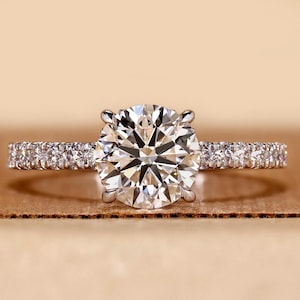 Round Cut Lab Grown Diamond Ring White Gold, Hidden Halo Engagement Ring Women, IGI Certified Diamond Wedding Ring Pave, Cathedral Setting