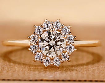 Sunburst Halo Engagement Ring, 0.50 CT Round Cut Lab Grown Diamond Ring, Unique Engagement Ring for Women, Solid Yellow Gold Ring for Her