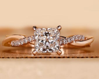 1 Carat Princess Cut Diamond Ring with Twisted Band in Rose Gold - Pave Setting, Perfect for Engagement and Wedding Anniversary Gifts